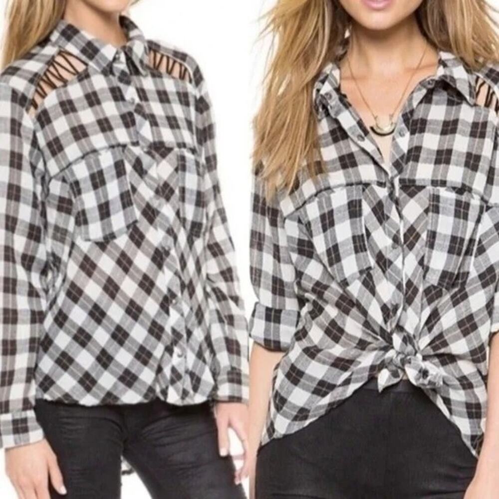 New Free People Plaid Lace Up Shoulder Snap Long Sleeve Top in B&W $108 Small